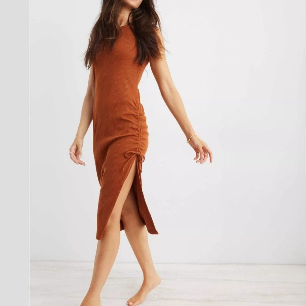 Aerie Copper Brown Ruched Ribbed Midi Dress Size L
